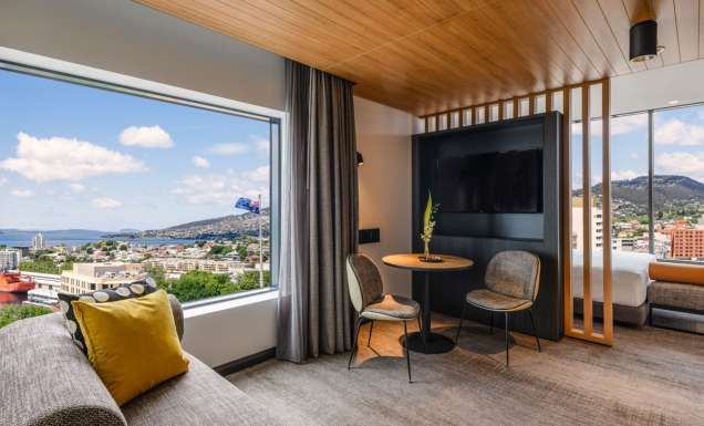 a huge window overlooking the city at Mövenpick Hotel Hobart