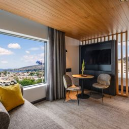 a huge window overlooking the city at Mövenpick Hotel Hobart