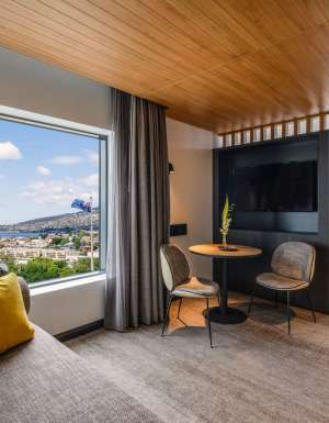 a huge window overlooking the city at Mövenpick Hotel Hobart