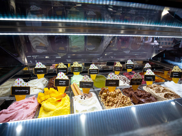 different gelato flavours on display at Pizzeria and Gelato Bar, Whitsundays