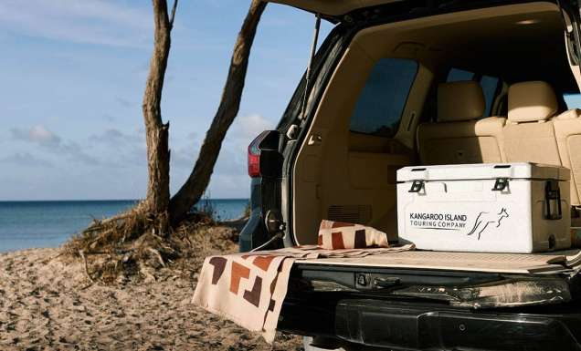 An esky in the back of a vehicle by the beach on tour with Kangaroo Island Touring Company.