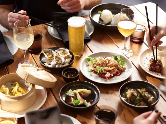 food and drinks on the table at Three Blue Ducks