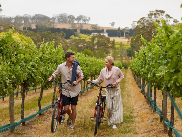 two people exploring Centennial Vineyards on a bike