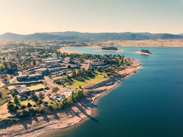 an aerial view of Lake Jindabyne
