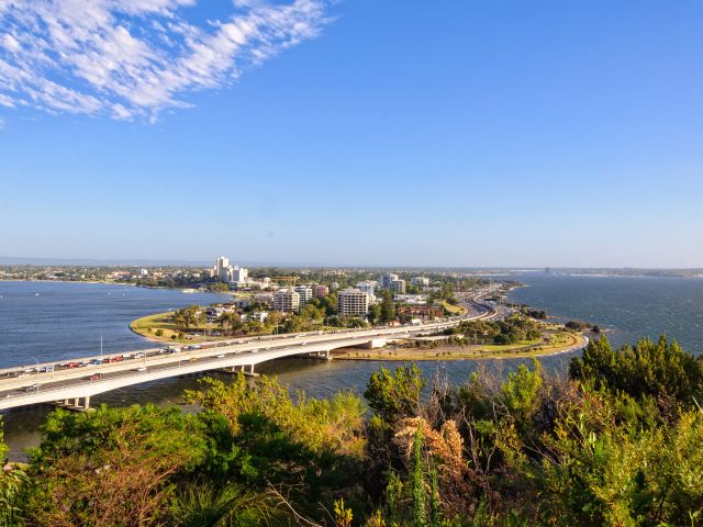 an aerial view of Narrows Bridge from Kings Park, Perth, WA