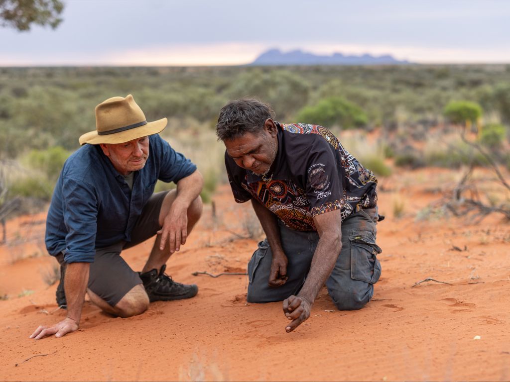 An Aṉangu person drawing in the sand