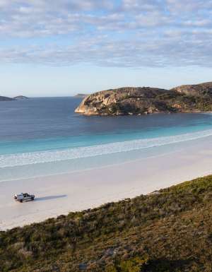 Aerial View of a 4WD driving on Lucky Bay, Esperance