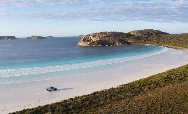 Aerial View of a 4WD driving on Lucky Bay, Esperance