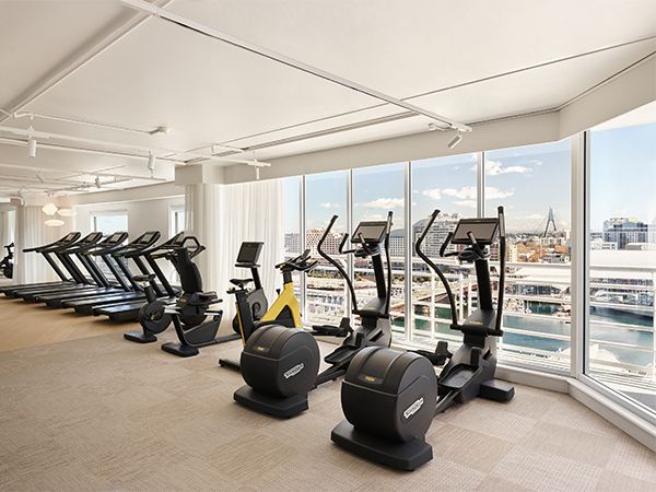 The gym overlooking Darling Harbour at the Hyatt Regency Sydney.