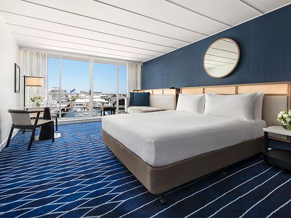 A blue-toned room at Hyatt Regency Sydney.