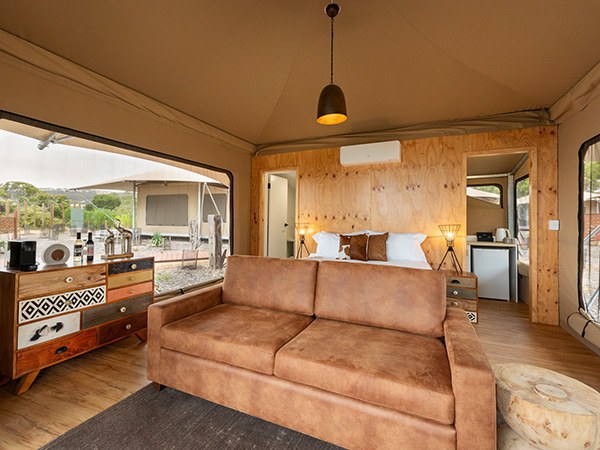 Inside an Eco Luxury Tent at Seafront Holiday Park. 