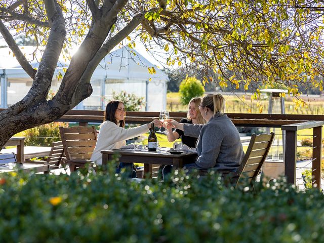 friends enjoying al fresco drinks at Restaurant Cuvee, Peterson House, Pokolbin