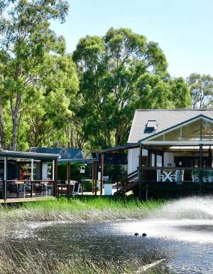 a small dam with fountain fronting The Deck Cafe in Lovedale
