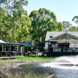 a small dam with fountain fronting The Deck Cafe in Lovedale