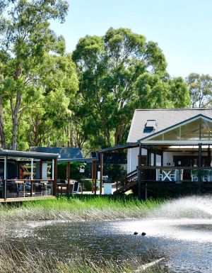 a small dam with fountain fronting The Deck Cafe in Lovedale