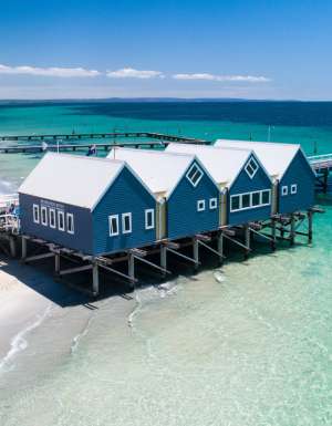 an aerial view of the Busselton Jetty, Geographe Bay