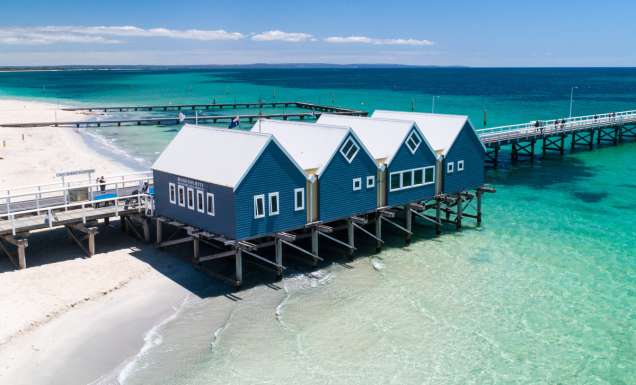 an aerial view of the Busselton Jetty, Geographe Bay