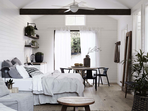 the classy white interior of The Bower cottage, Byron Bay