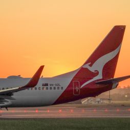 the Qantas plane at sunset