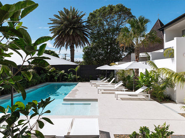 A swimming pool and sun lounges surrounded by palm trees.