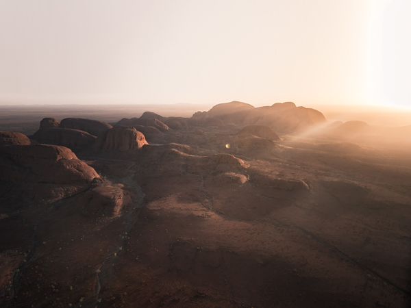 an aerial view of Kata Tjuta at sunset
