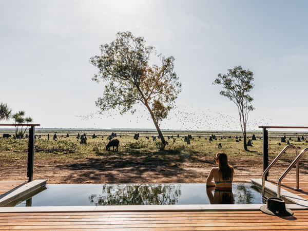 a woman relaxing by the pool on the lounging deck at luxury bush camp Bamurru Plains