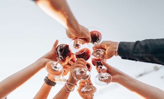 friends holding their wine in the air
