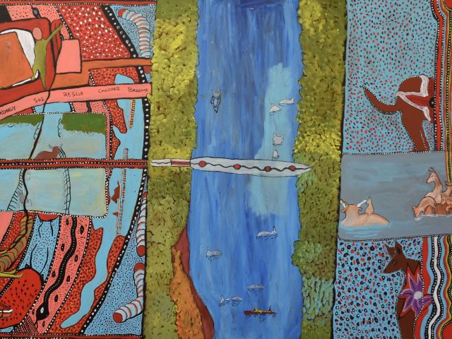 John Prince Siddon, Yawie Martuwarra, 2023, Acrylic on canvas, Commissioned by RISING as part of Shadow Spirit. Photograph: Mangkaja Arts. Courtesy of the artist and Mangkaja Arts.