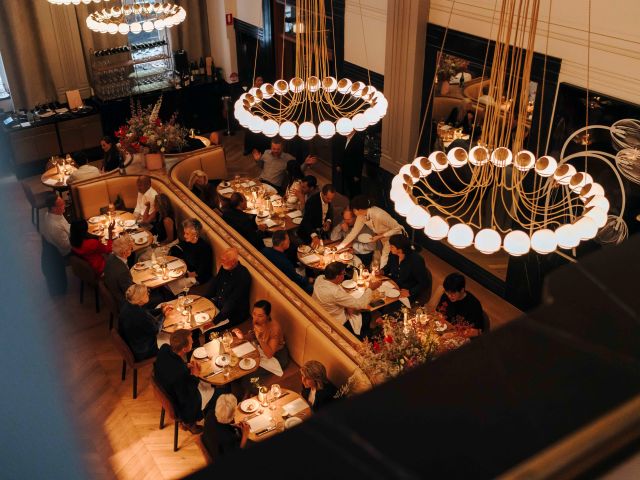 The Charles Brasserie & Bar with huge and ornate chandeliers