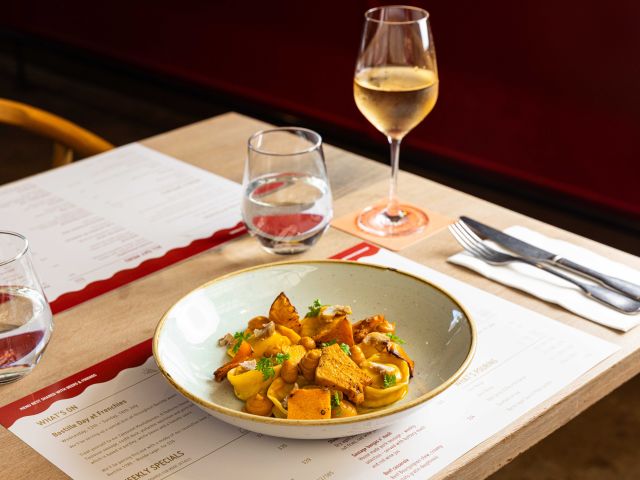 pasta and wine at Frenchies Bistro & Brewery