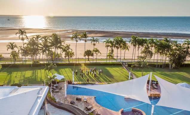 an aerial view of the beach and pool at Mindil Beach Casino Resort Darwin