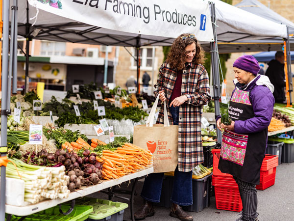two women shopping for fresh produce at Farm Gate Market, Hobart