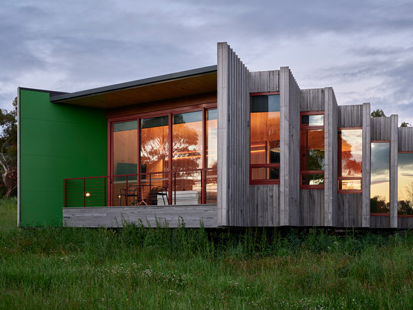 Exterior of the pavilions at Iron Creek Bay Farm Stay in Sorrell