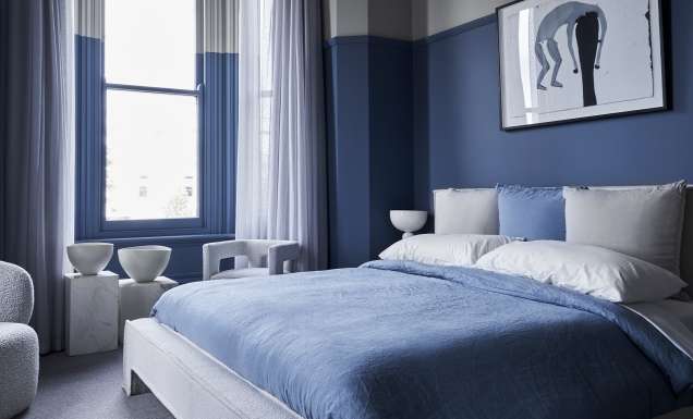 A blue swathed room at Hotel Vera