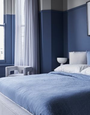 A blue swathed room at Hotel Vera