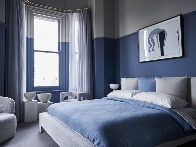 A blue swathed room at Hotel Vera