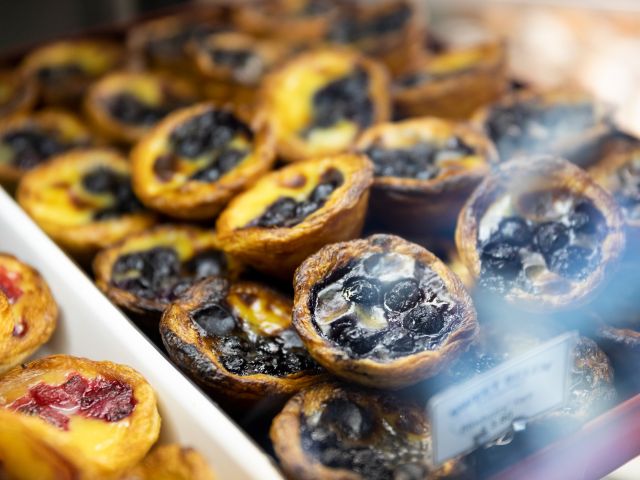 blueberry Portuguese tarts at Sweet Belem