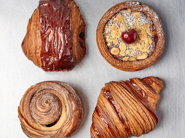 Pain au Chocolat, Plain croissant, Cinnamon scroll and Cherry chocolate tart at Rollers Bakehouse