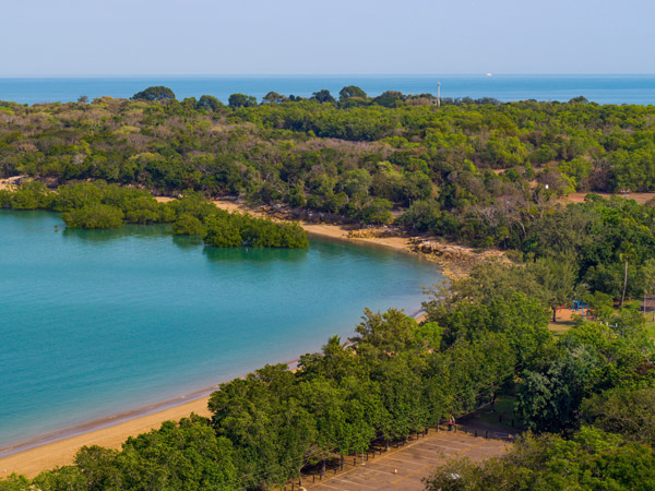 an aerial view of East Point Beach in Darwin