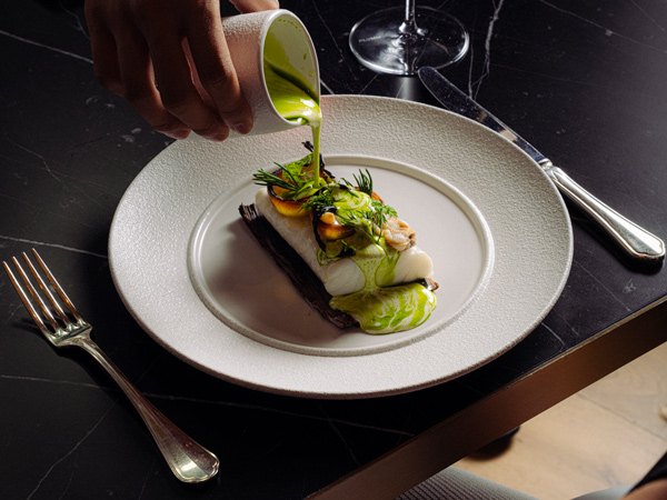 Aquna Murray Cod, Smoked Clam & Roasted Onion Butter, Paperbark Oil at Brasserie 1930, Sydney restaurant