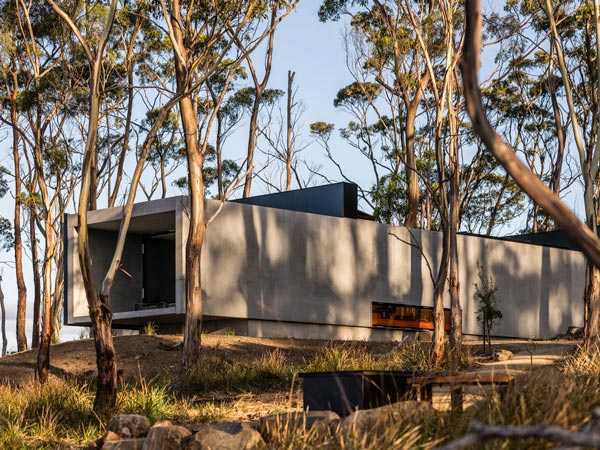 The concrete off-grid tunnel sits on Bruny Island in the bush