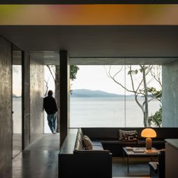 Guest at Vipp Tunnel on Bruny Island looks out at the view