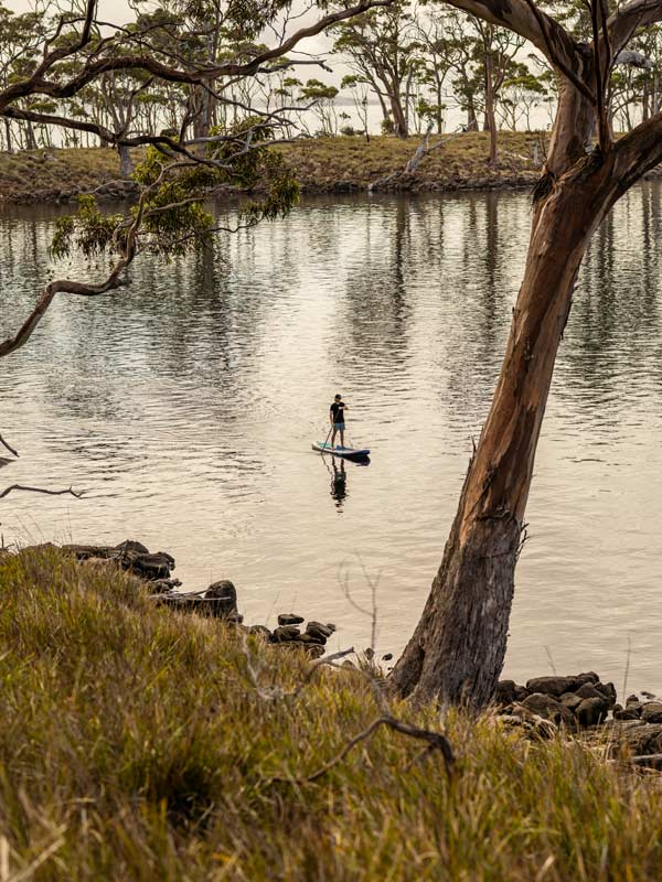 A man stand-up paddleboards by Vipp Tunnel on Bruny Island