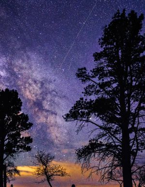 Lyrid Meteor Shower - Night astrophotography skies with light trails from streaking meteors in April.