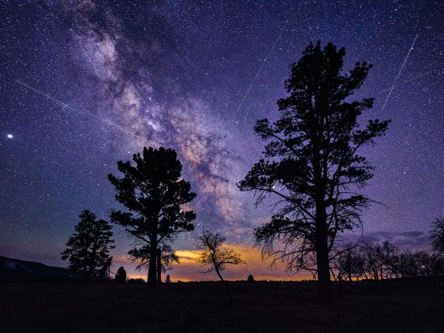 Lyrid Meteor Shower - Night astrophotography skies with light trails from streaking meteors in April.