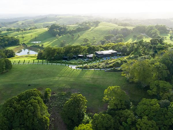 An aerial view of the rolling green hills at Amaroo Bangalow.