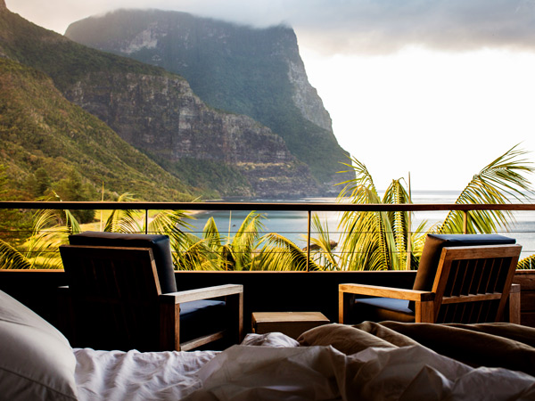 the balcony on Capella Lodge overlooking the scenic views of Lord Howe Island