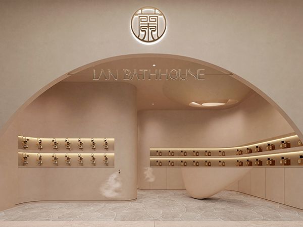 The neutral-toned foyer at Lan Bathhouse.