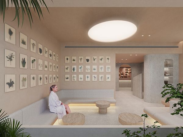 A neutral-toned waiting area at Lan Bathhouse.