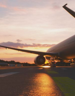 plane about to take off at sunset